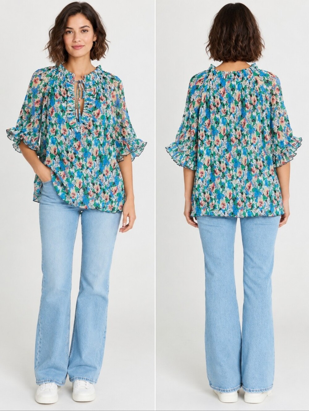❤️ NWOT! GANNI PLEATED GEORGETTE SHORT SLEEVE RUFFLE BLOUSE / TOP, 14